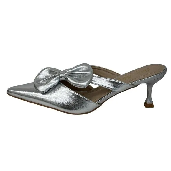 CHASE   CHLOE / Idra-3 / Silver / Pointed / Toe Mule Heels / With Bow Detail Kit