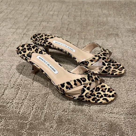 Cheetah Print Manolo Blahnik Open Toe Kitten Heels