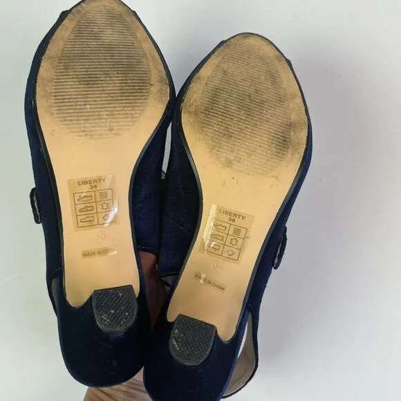 Chelsea Crew Liberty Velvet Mary Jane Heels Shoe 38 7.5 Navy Retro Witchy Preppy