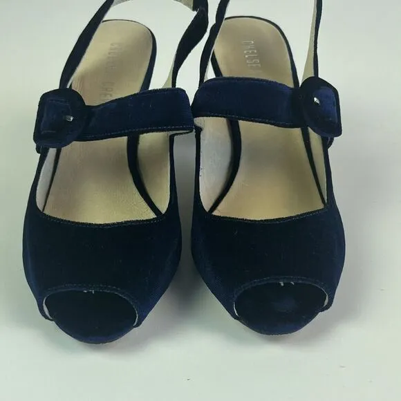 Chelsea Crew Liberty Velvet Mary Jane Heels Shoe 38 7.5 Navy Retro Witchy Preppy