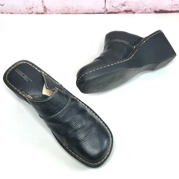 CHEROKEE Genuine Leather Size 9.5 Black Chunky Wedge Block Heel Clog Mules