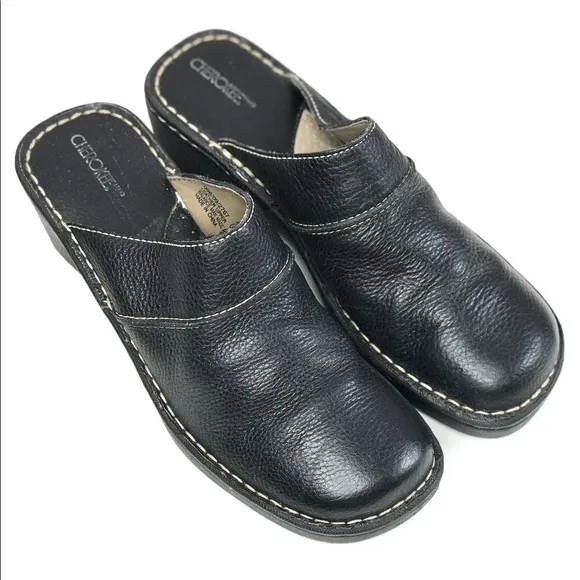 CHEROKEE Genuine Leather Size 9.5 Black Chunky Wedge Block Heel Clog Mules