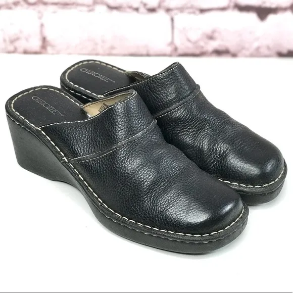 CHEROKEE Genuine Leather Size 9.5 Black Chunky Wedge Block Heel Clog Mules