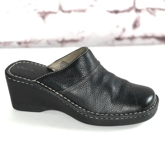 CHEROKEE Genuine Leather Size 9.5 Black Chunky Wedge Block Heel Clog Mules