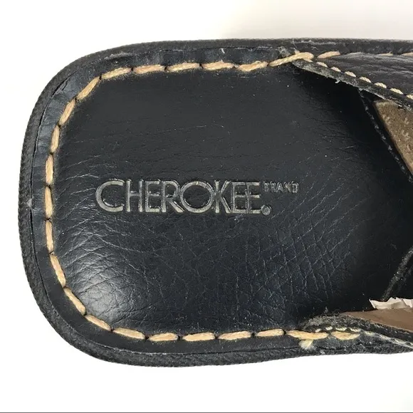 CHEROKEE Genuine Leather Size 9.5 Black Chunky Wedge Block Heel Clog Mules