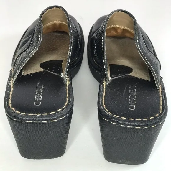 CHEROKEE Genuine Leather Size 9.5 Black Chunky Wedge Block Heel Clog Mules