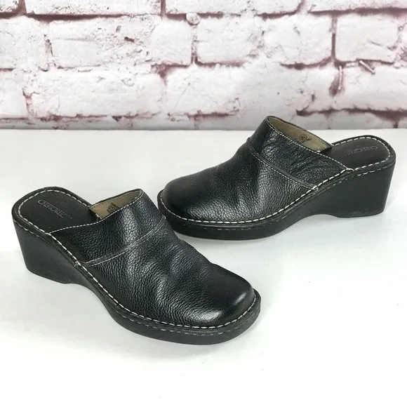 CHEROKEE Genuine Leather Size 9.5 Black Chunky Wedge Block Heel Clog Mules