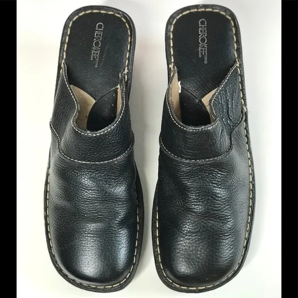 CHEROKEE Genuine Leather Size 9.5 Black Chunky Wedge Block Heel Clog Mules