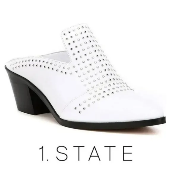 Chic 1. State Western Inspired White Leather Studded Mules