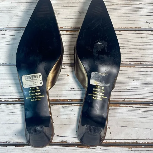 Chico’s Y2K Embossed Leather Patches Bronze Mules Kitten Heel Shoes Sz 7 Brazil