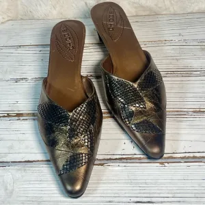 Chico’s Y2K Embossed Leather Patches Bronze Mules Kitten Heel Shoes Sz 7 Brazil