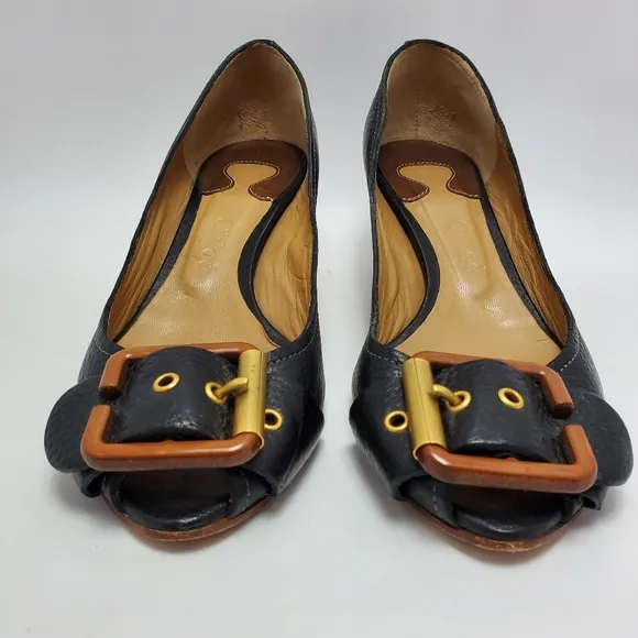 Chloe Leather Buckle Peep Toes Kitten Heels Slip On Pumps Size 37 Black
