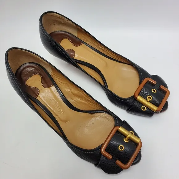 Chloe Leather Buckle Peep Toes Kitten Heels Slip On Pumps Size 37 Black