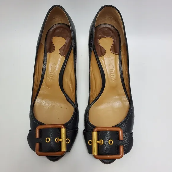 Chloe Leather Buckle Peep Toes Kitten Heels Slip On Pumps Size 37 Black