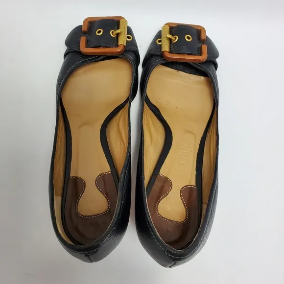 Chloe Leather Buckle Peep Toes Kitten Heels Slip On Pumps Size 37 Black