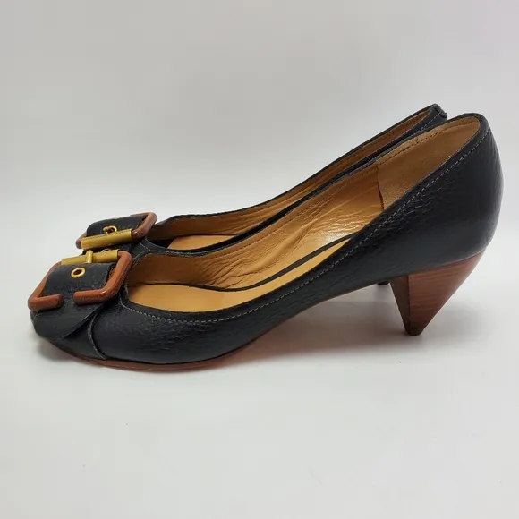 Chloe Leather Buckle Peep Toes Kitten Heels Slip On Pumps Size 37 Black