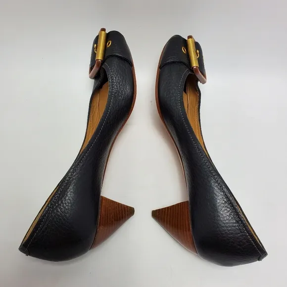 Chloe Leather Buckle Peep Toes Kitten Heels Slip On Pumps Size 37 Black
