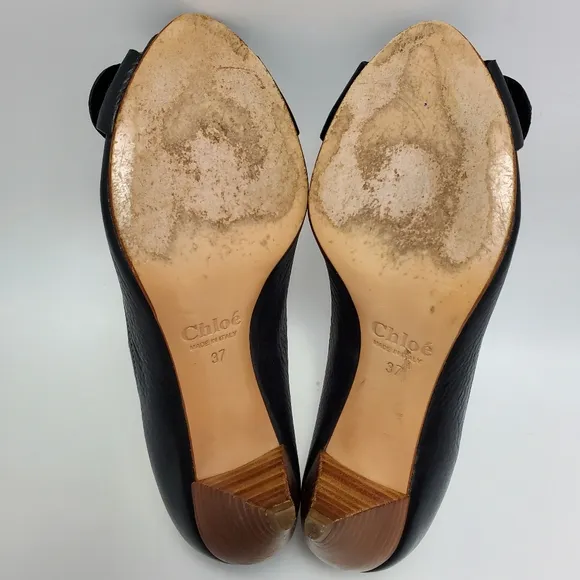 Chloe Leather Buckle Peep Toes Kitten Heels Slip On Pumps Size 37 Black