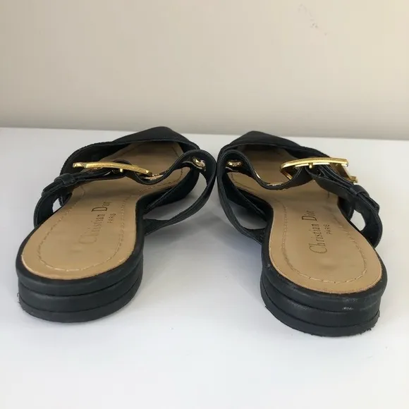 Christian Dior Black Technical Fabric Gold D Buckle &amp; grommet Flat Mules 6