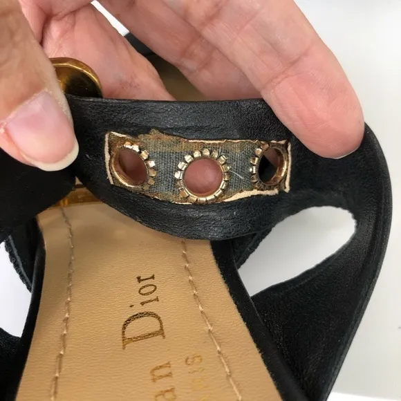 Christian Dior Black Technical Fabric Gold D Buckle &amp; grommet Flat Mules 6