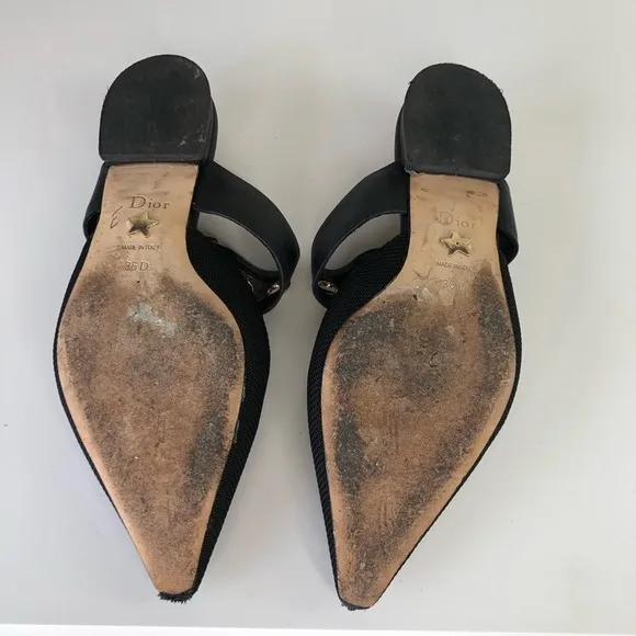 Christian Dior Black Technical Fabric Gold D Buckle &amp; grommet Flat Mules 6