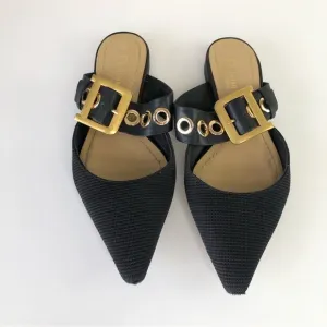 Christian Dior Black Technical Fabric Gold D Buckle &amp; grommet Flat Mules 6