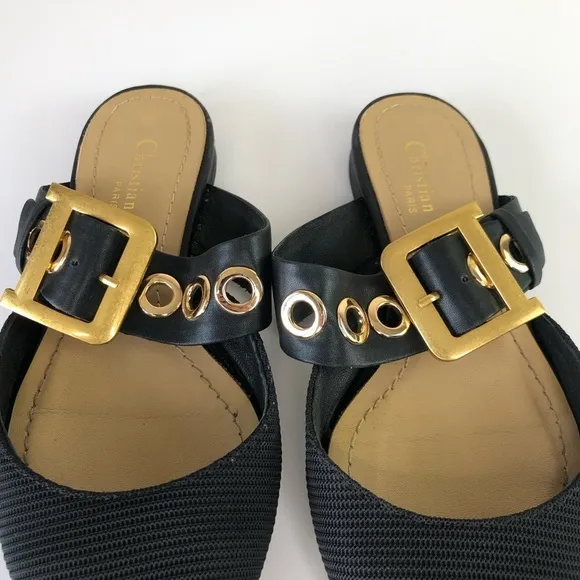 Christian Dior Black Technical Fabric Gold D Buckle &amp; grommet Flat Mules 6