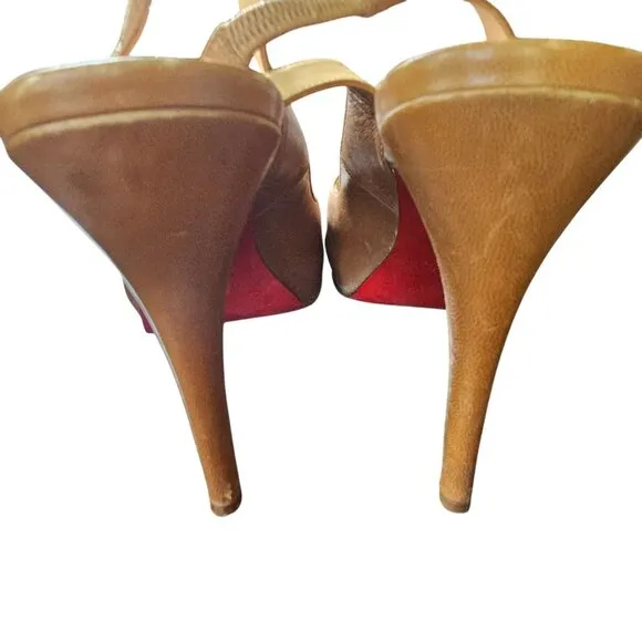 Christian Louboutin Brown Leather Peep-Toe Slingback Heels Red Soles 39.5 or 8.5