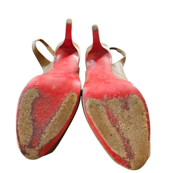 Christian Louboutin Brown Leather Peep-Toe Slingback Heels Red Soles 39.5 or 8.5