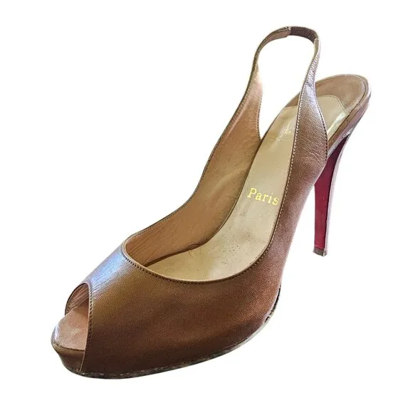 Christian Louboutin Brown Leather Peep-Toe Slingback Heels Red Soles 39.5 or 8.5