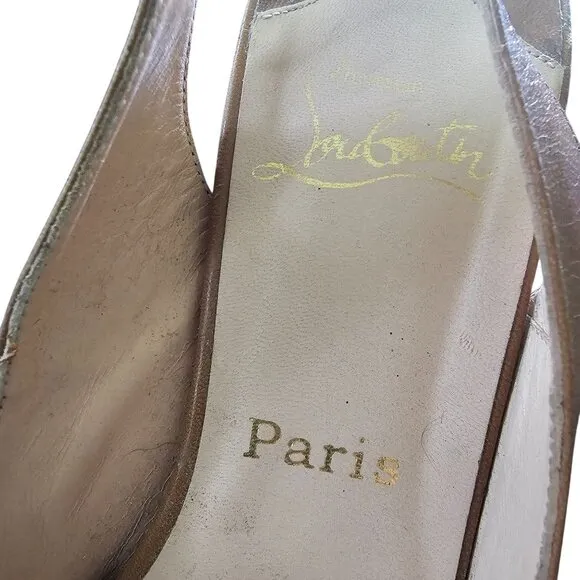 Christian Louboutin Brown Leather Peep-Toe Slingback Heels Red Soles 39.5 or 8.5