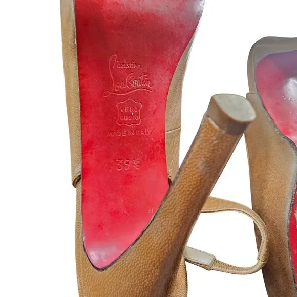 Christian Louboutin Brown Leather Peep-Toe Slingback Heels Red Soles 39.5 or 8.5
