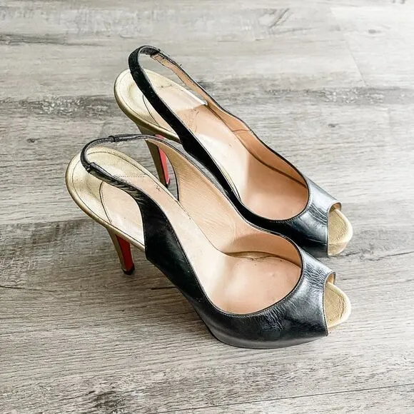 Christian Louboutin Black Gold Leather Slingback Peep Toe Pumps Size 39.5EU