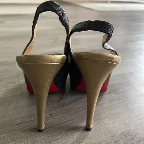 Christian Louboutin Black Gold Leather Slingback Peep Toe Pumps Size 39.5EU