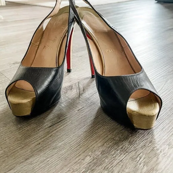 Christian Louboutin Black Gold Leather Slingback Peep Toe Pumps Size 39.5EU