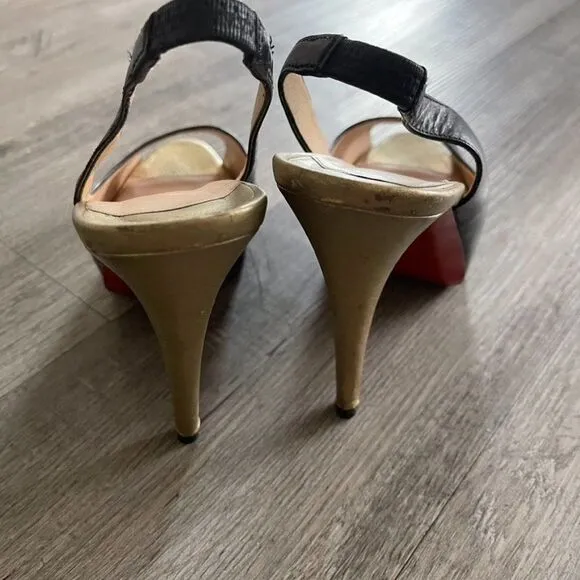 Christian Louboutin Black Gold Leather Slingback Peep Toe Pumps Size 39.5EU