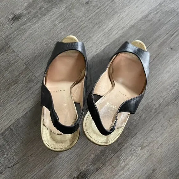 Christian Louboutin Black Gold Leather Slingback Peep Toe Pumps Size 39.5EU