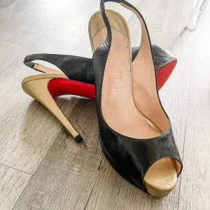 Christian Louboutin Black Gold Leather Slingback Peep Toe Pumps Size 39.5EU