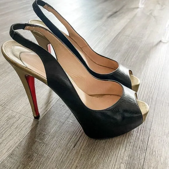 Christian Louboutin Black Gold Leather Slingback Peep Toe Pumps Size 39.5EU