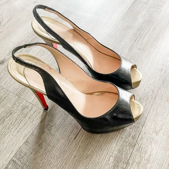 Christian Louboutin Black Gold Leather Slingback Peep Toe Pumps Size 39.5EU