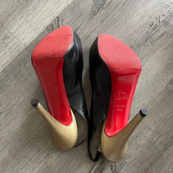 Christian Louboutin Black Gold Leather Slingback Peep Toe Pumps Size 39.5EU