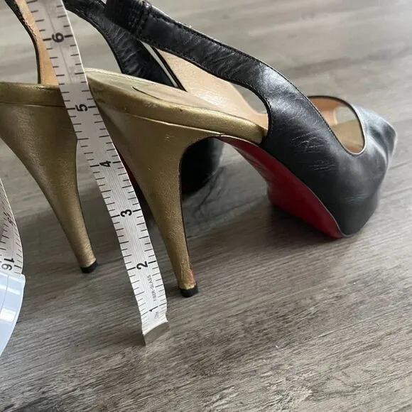 Christian Louboutin Black Gold Leather Slingback Peep Toe Pumps Size 39.5EU