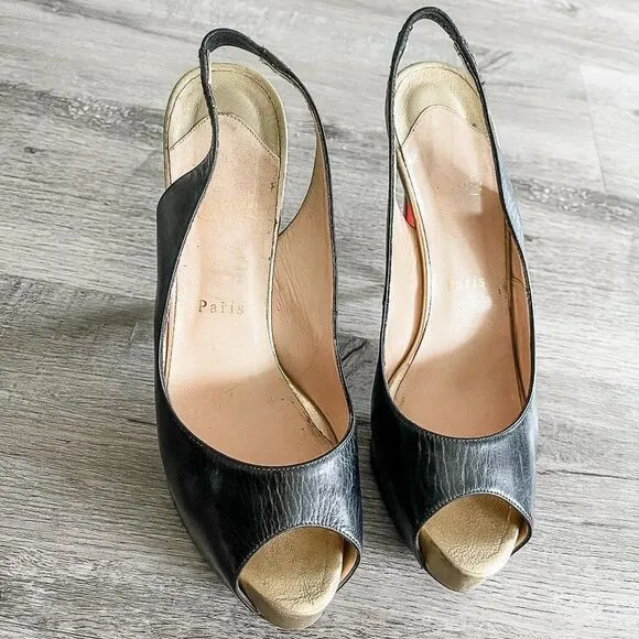 Christian Louboutin Black Gold Leather Slingback Peep Toe Pumps Size 39.5EU