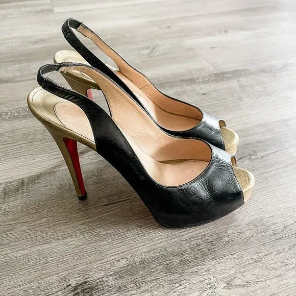 Christian Louboutin Black Gold Leather Slingback Peep Toe Pumps Size 39.5EU