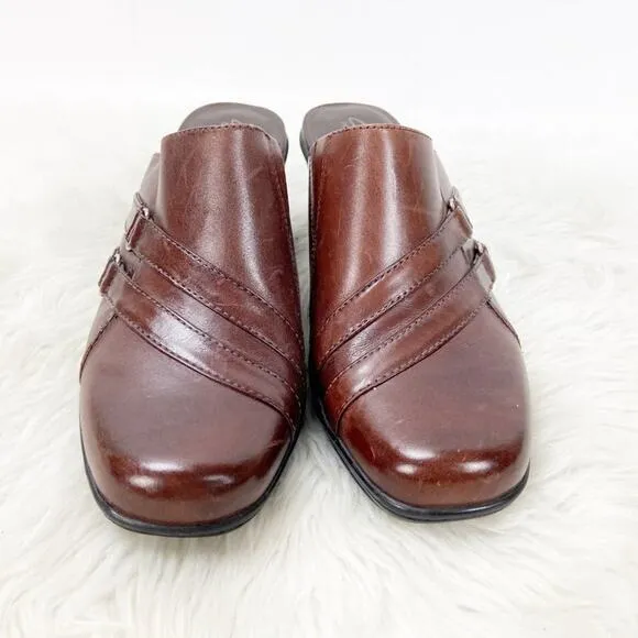 Clarks Bendables 8 M Womens Brown Leather Buckle Comfort Clogs