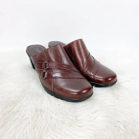 Clarks Bendables 8 M Womens Brown Leather Buckle Comfort Clogs