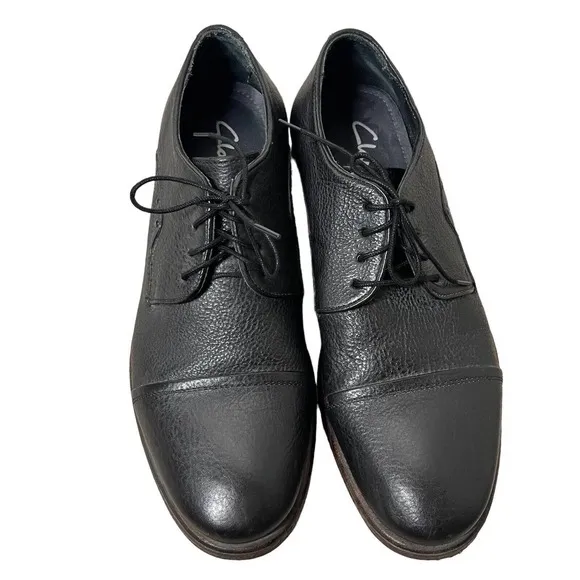 CLARKS Black Pebbled Leather Men's Lace Up Derby Oxfords Plain Toe, Size 10.5 M