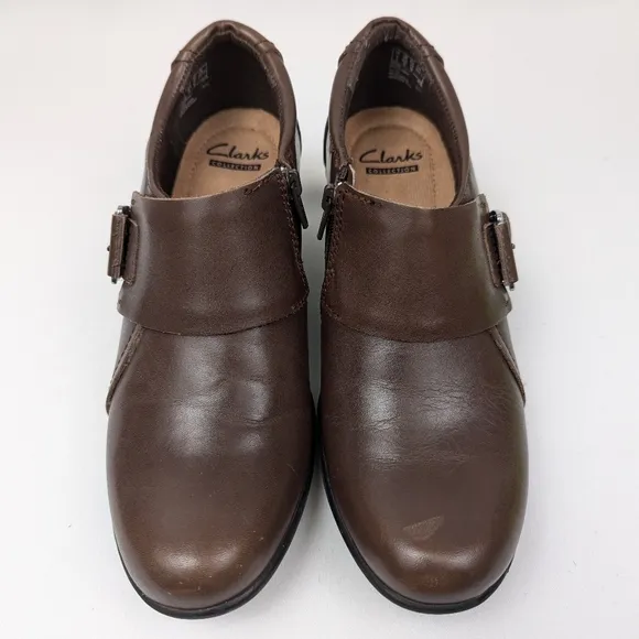 Clarks Genette Vista Leather Shootie Buckle Strap Side Zip Block Heel Brown 6.5