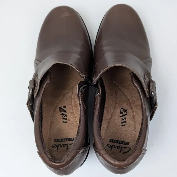 Clarks Genette Vista Leather Shootie Buckle Strap Side Zip Block Heel Brown 6.5