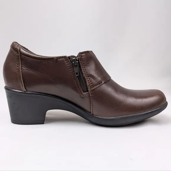 Clarks Genette Vista Leather Shootie Buckle Strap Side Zip Block Heel Brown 6.5
